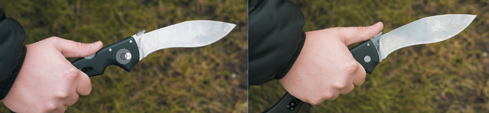 Нож можно (и нужно!) использовать двумя типами хвата: рука ближе к клинку для реза и рука ближе к концу рукоятки для рубки