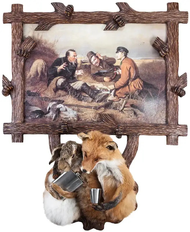 Картина "Охотники на привале" с чучелом лисы и зайца