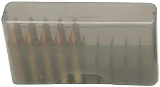 Коробка MTM J-20-M на 20 патронов кал. 219 Zipper; .22 BR; .224 Valkyrie; 6 mm BR Norma; 6,5x55; 7,62x39; 30-30 Win; 308 Win; 410/76. Цвет – дымчатый.