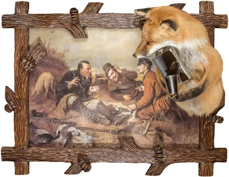 Картина «Охотники на привале» с чучелом лисы