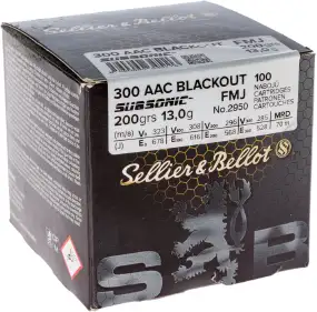 Патрон Sellier & Bellot Subsonic кал. 300 Whisper Blackout. Пуля FMJ масса 13 г/200 гран. Нач. скорость 323 м/с