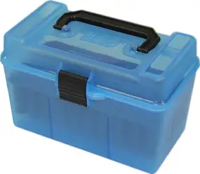Коробка MTM H50-XL на 50 патронов кал. 300 WSM; 300 RUM; 338 Lapua Mag и 9,3x62. Цвет – голубой.