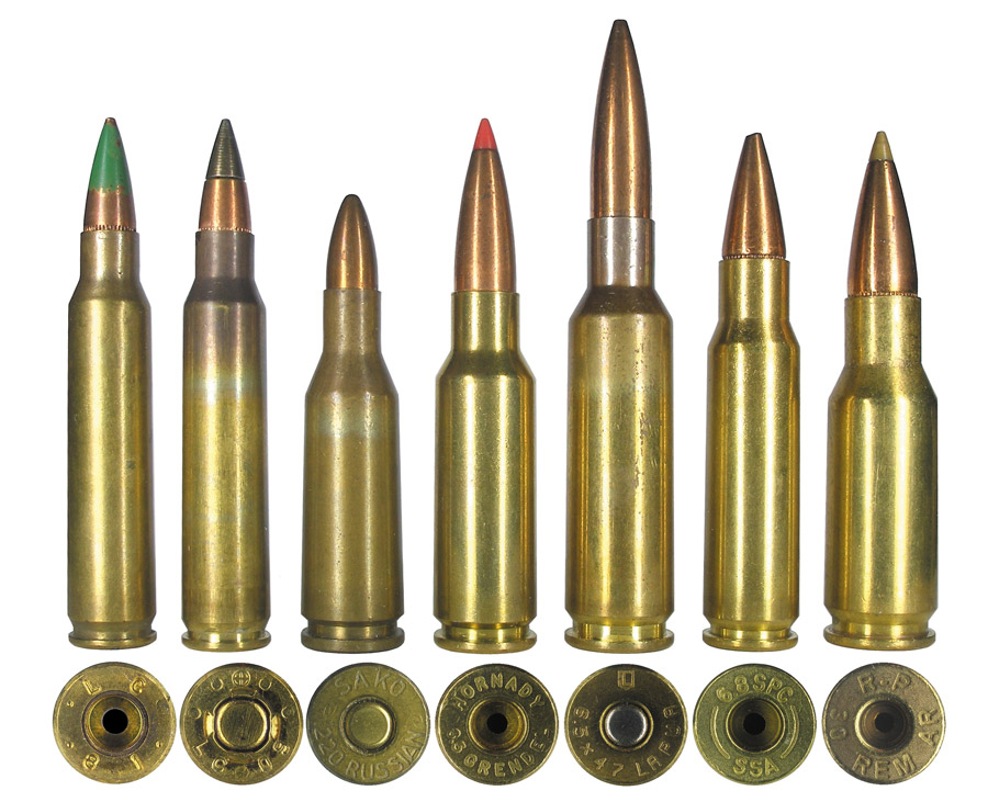Штатные армейские автоматные патроны 5,56х45 NATO с пулями М855 и М855А1 в сравнении с современными разработками: .220 Russian (основа для разработки некоторых современных патронов), 6,5 Grendel, 6,5x47 Lapua, 6,8 mm SPC и .30 Remington AR