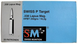 Коробка фирмы RUAG Ammotec AG с патронами .338 LM, снаряженными пулями НРВТ массой 16,2 г (250 гран)