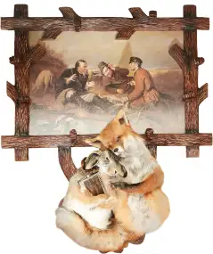 Чучело "Лиса и заяц" с картиной "Охотники"