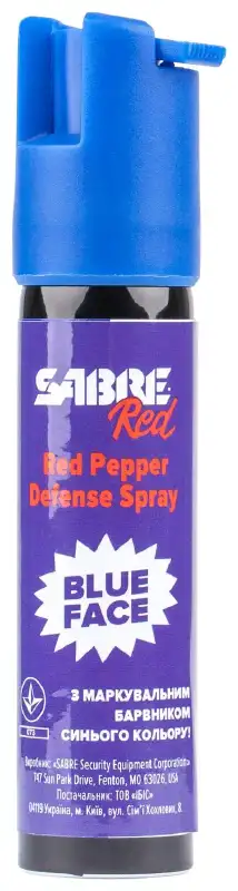 Газовий балончик Sabre Red Blue Face струменевий з синім маркером. Обсяг - 22 мл. З брелоком