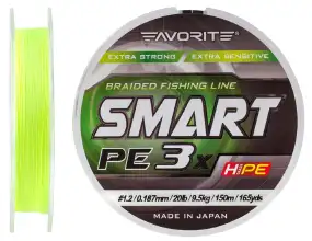 Шнур Favorite Smart PE 3x 150м (fl.yellow) #1.2/0.187 mm 20lb/9.5 kg