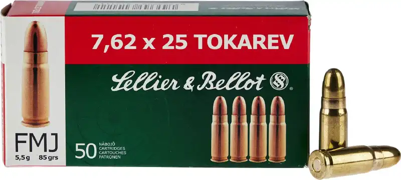 Патрон Sellier & Bellot кал. 7,62x25 Tokarev пуля FMJ масса 5,5 г/ 85 гр